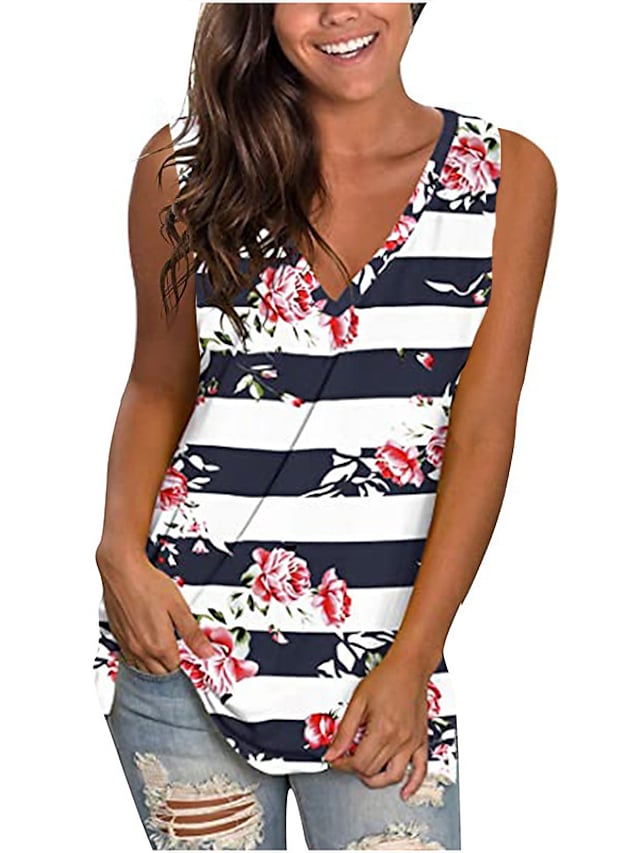 Women's Tank Top Floral Striped Print V Neck Casual Tops