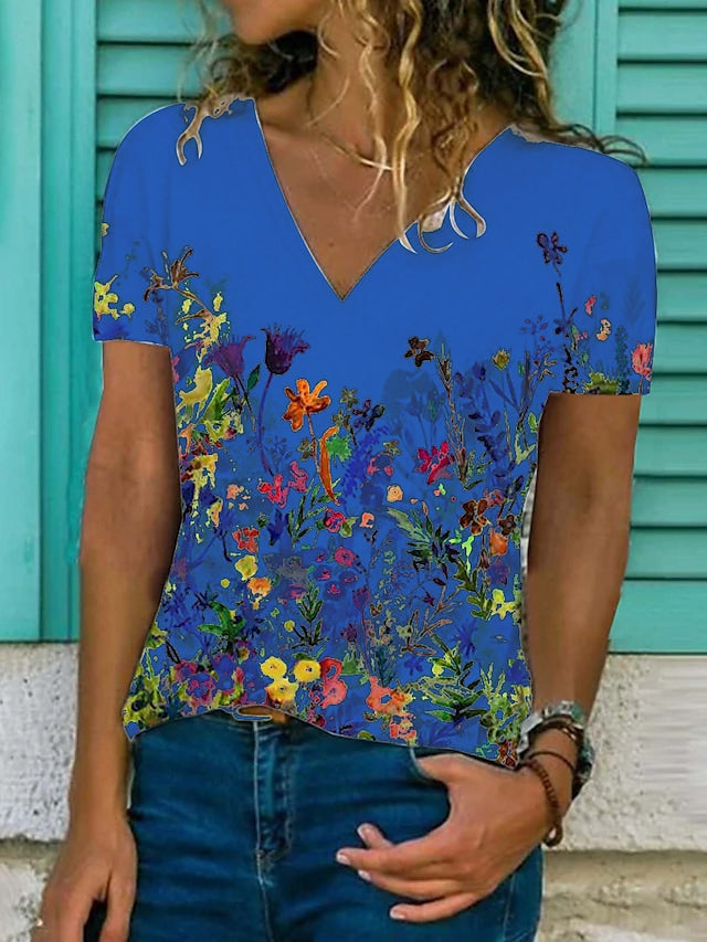 Women's T-shirts Floral Graphic Print V-neck Short Sleeve Casual Tops