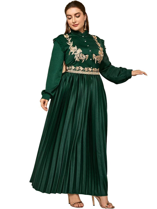 Women's Vintage Dress Stand-up Collar Embroidery Ruffle Plus Size Dress