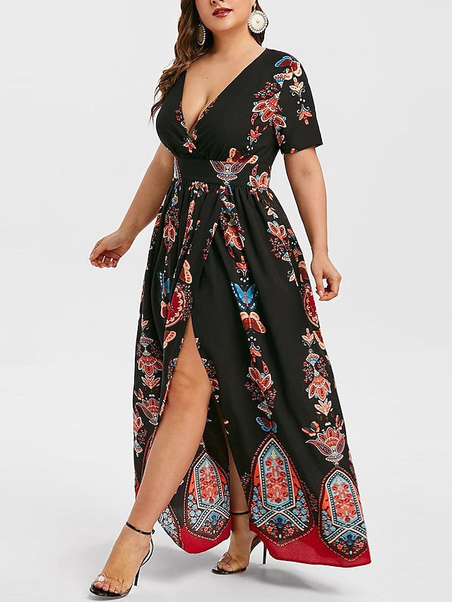 Women's Swing Dress Floral V-Neck Short Sleeve Plus Size Split Sexy Maxi Long Dress