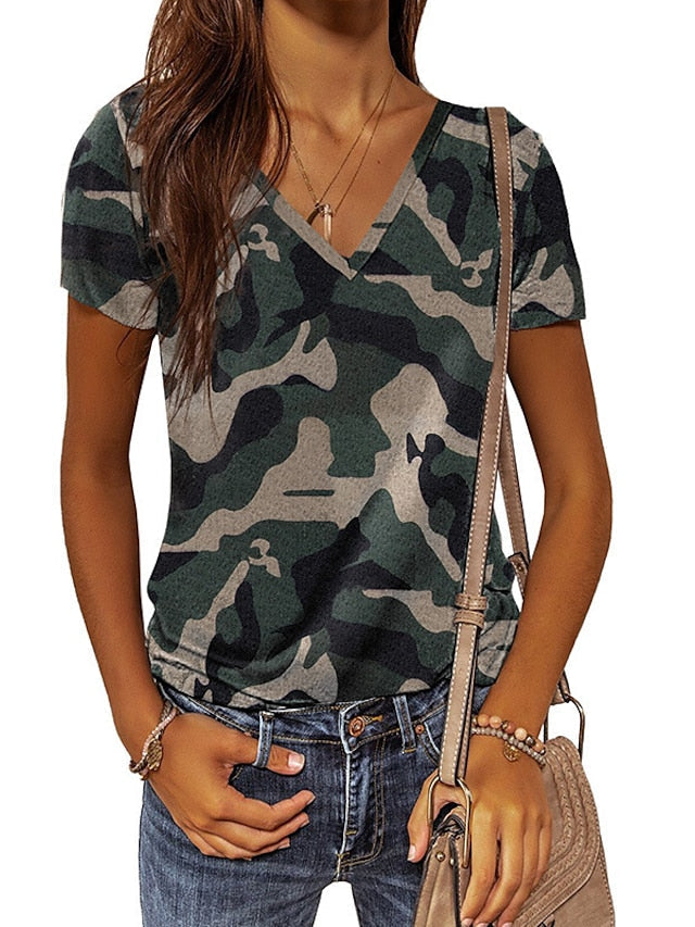 Women's T-shirts Camouflage Leopard Print V-neck Short Sleeve Casual Tops