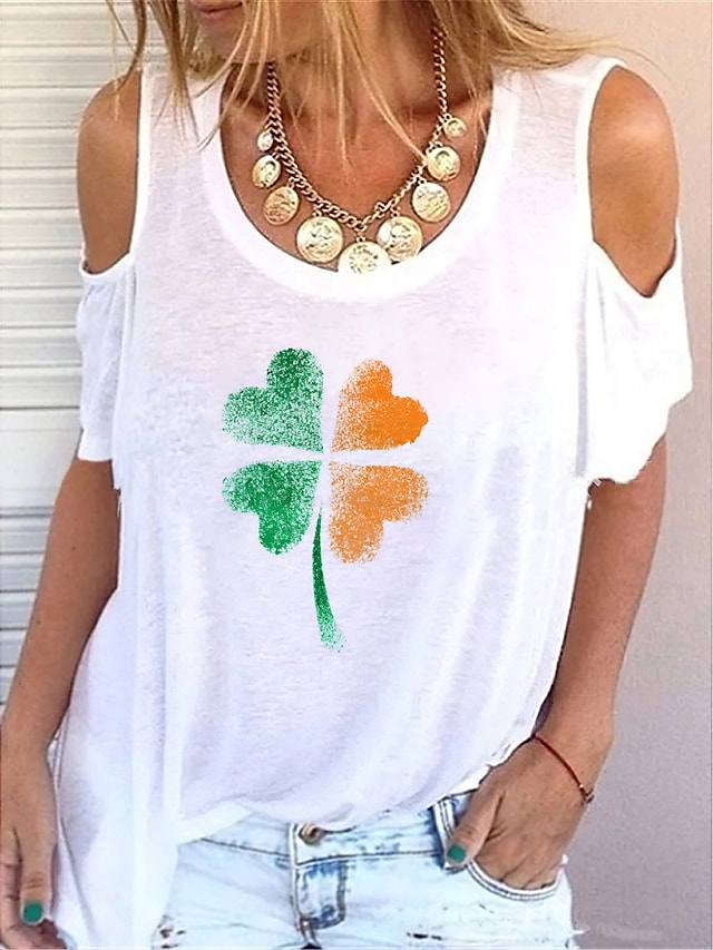 Women's T-shirts Four-leaf Clover Print Off Shoulder Round Neck Casual Tops