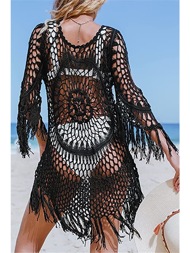 Women's Swimwear Cover Up Hole Tassel Pure Color Beach Dress Swimsuit