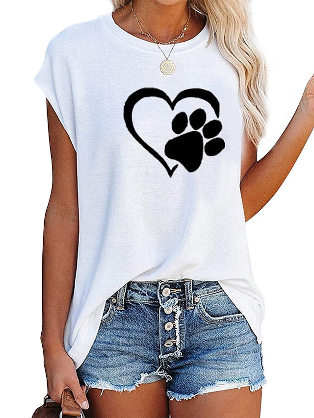 Women's T-shirts Heart Print Round Neck Sleeveless Loose Crop Tops