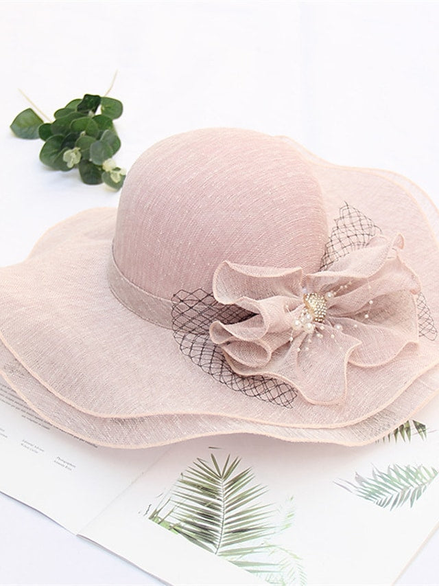 Women's Stylish Bucket Hat Mesh Flower Large Wave Brim Dome Sun Shade Hat