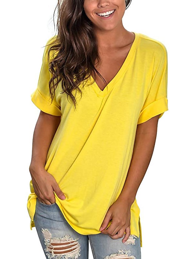 Women's T-shirt Plain V-Neck Solid Color Short Sleeve Basic Tops