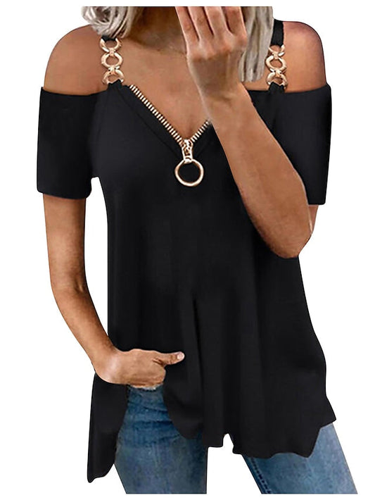 Women's Summer Tops Zipper V-neck Off Shoulder Short Sleeve Casual T-shirts