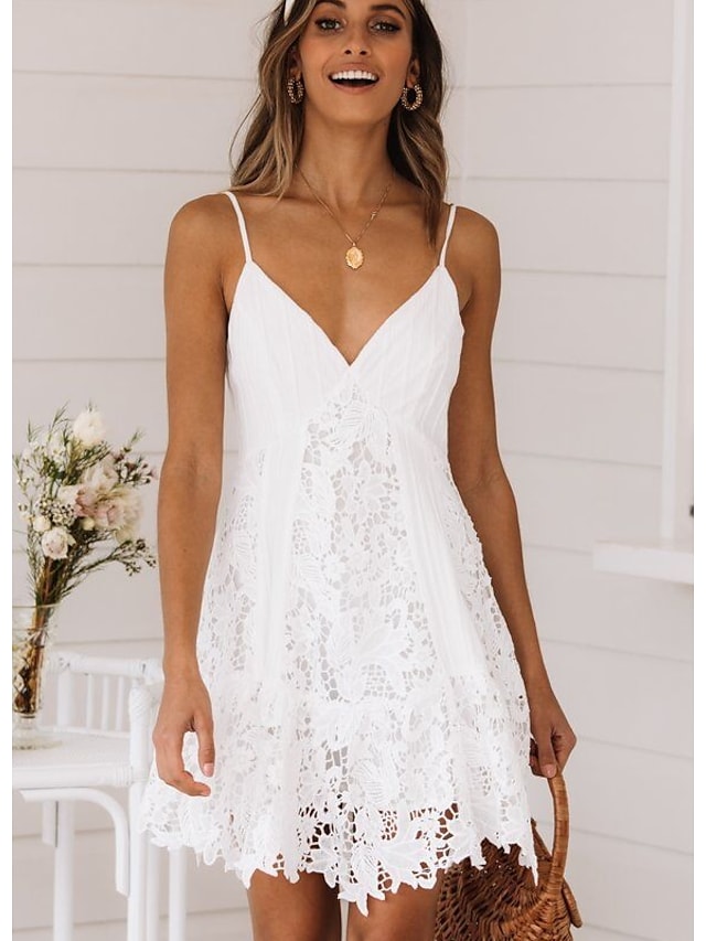 Women's Strap Dress Sleeveless Solid Color Lace V Neck Casual Dress