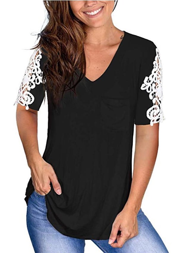 Women's T-shirts Lace Patchwork Sleeve V-neck Pocket Casual Pullover Tops