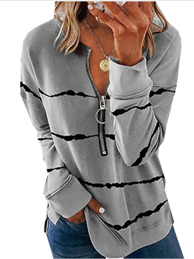 Women's Sweatshirts Striped Zipper Standing Collar Long Sleeve Pullover Tops