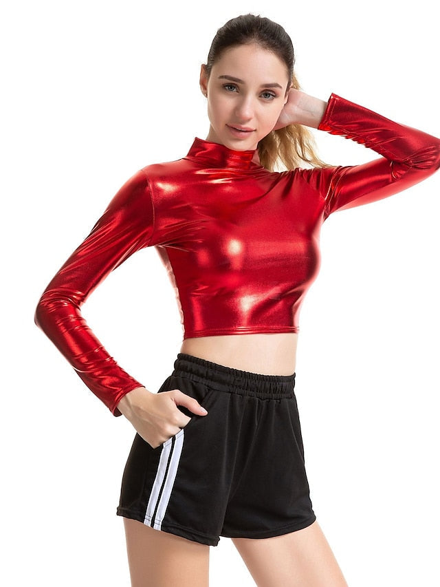 Women's T-shirt Metallic Laser Round Neck Basic Long Sleeve Sexy Tops