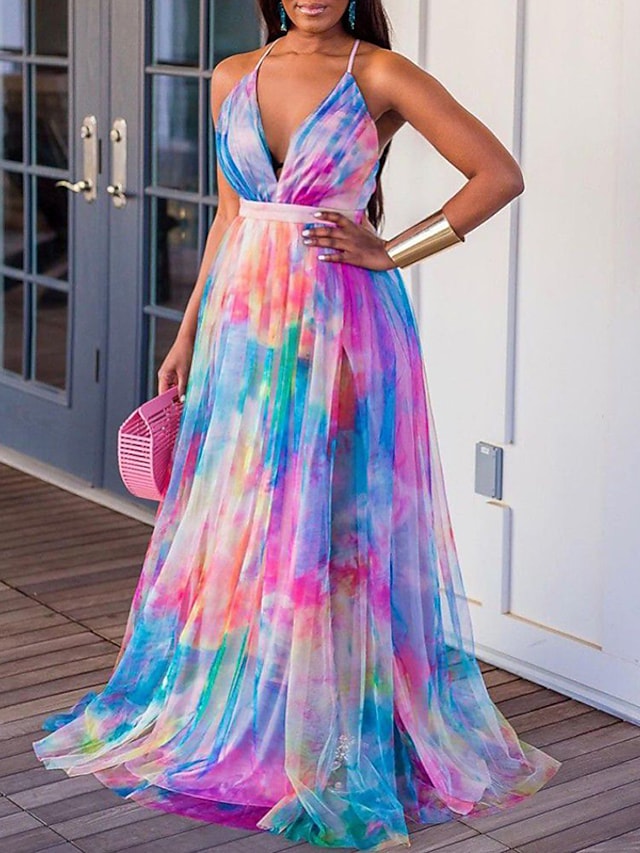 Women's Strap Dress Tie Dye V-Neck Sleeveless Prom Dress Maxi Long Dress