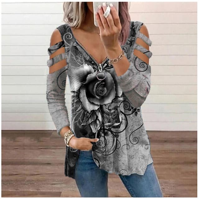 Women's T-shirts V-Neck Zipper Hollow Long Sleeve Flower Print Loose Top