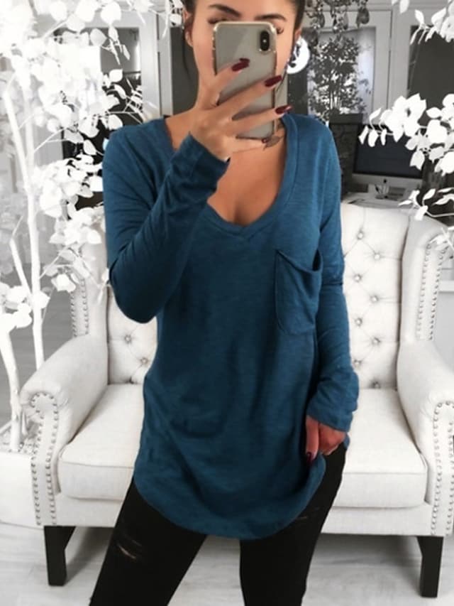 Women's T-shirt Solid Color Pocket V-neck Long Sleeve Loose Tops