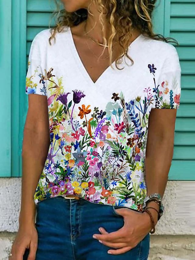 Women's T-shirts Floral Graphic Print V-neck Short Sleeve Casual Tops