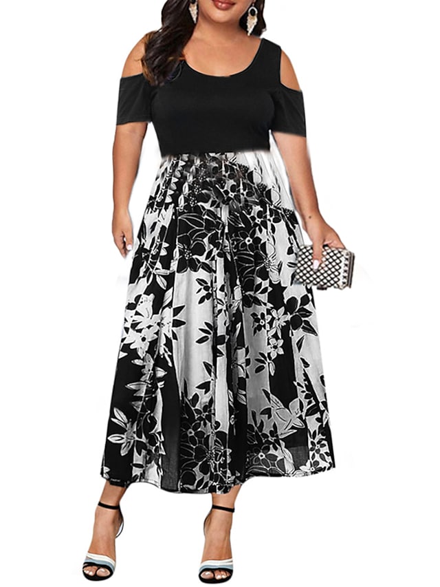 Women's Swing Dress Floral Print Round Neck Off The Shoulder Short Sleeve A-Line Dress