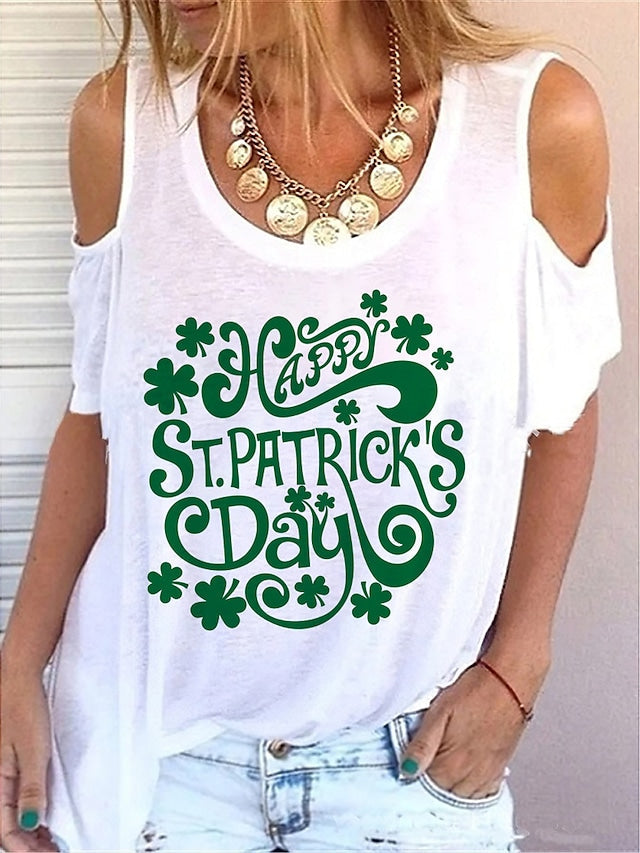 Women's T-shirts Four-leaf Clover Print Off Shoulder Round Neck Casual Tops