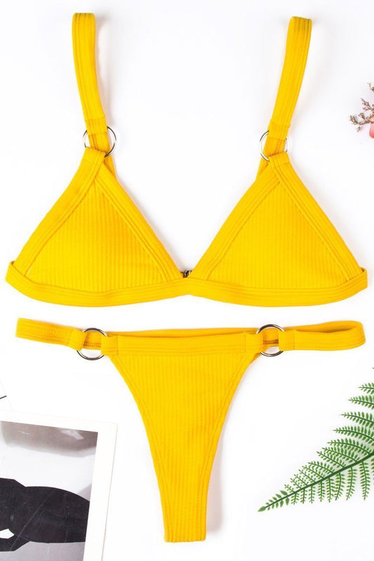 Yellow Ribbed Metal Ring Triangle Bikini