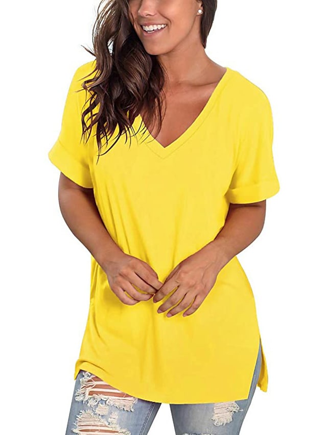 Women's T-shirt Plain V-Neck Solid Color Short Sleeve Basic Tops