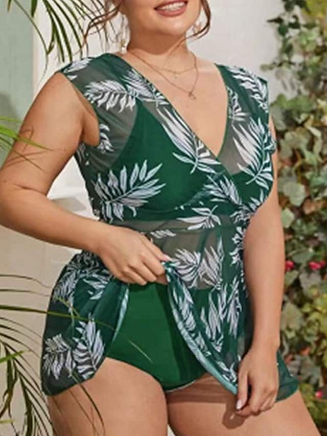 Women's Swimwear Backless Leaf Print Mesh Tankini Two Piece Plus Size Swimsuit