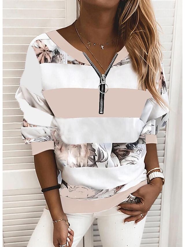 Women's Top Striped Colorblock V-Neck Long Sleeve Loose Tops