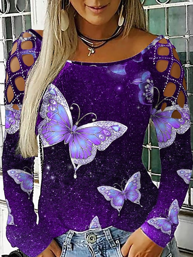 Women's T-shirt Butterfly 3D Printed Painting Cut Out Round Neck Tops