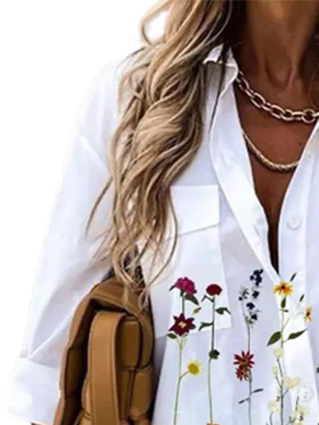 Women's White Shirts Floral Print Single Breasted Pockets Casual Tops