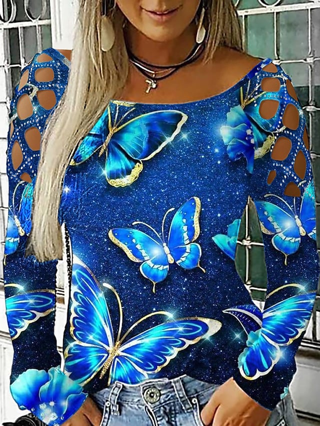 Women's T-shirt Butterfly 3D Printed Painting Cut Out Round Neck Tops