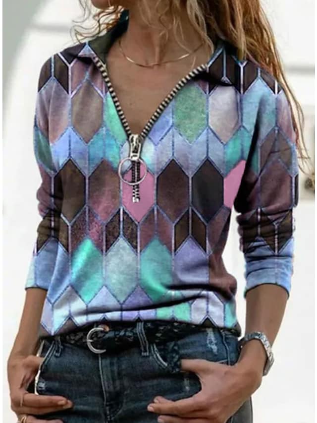 Women's T-shirt Colorblock Graphic Prints Long Sleeve V-Neck BasicTop