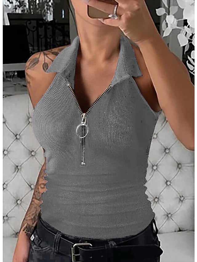 Women's Tank Top Solid Color Zipper Collar Casual Streetwear Knitted Top