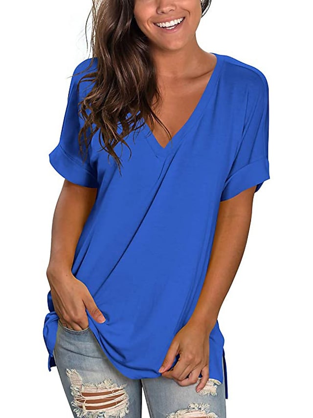 Women's T-shirt Plain V-Neck Solid Color Short Sleeve Basic Tops