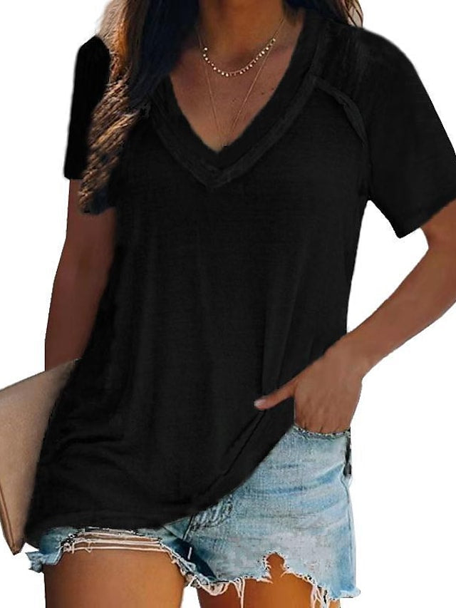 Women's T-shirts Solid Color V-neck Short Sleeve Solid Color Casual Tops