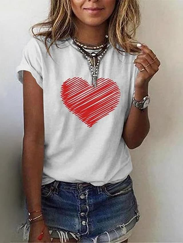 Women's T-shirts Heart Print Round Neck Vintage Casual Pullover Tops