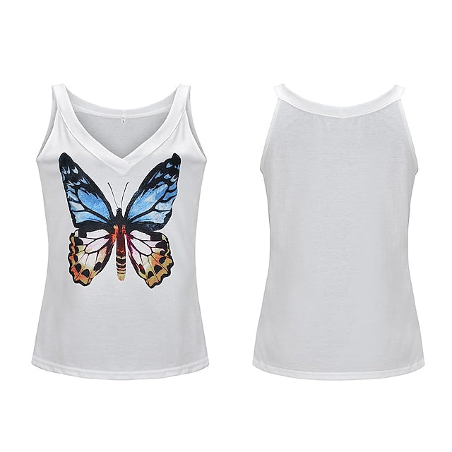 Women's Vests V-neck Strap Butterfly Print Casual Loose Tank Tops