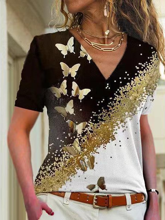 Women's T-shirts Butterfly Print Color Block Stitching V-neck Casual Tops