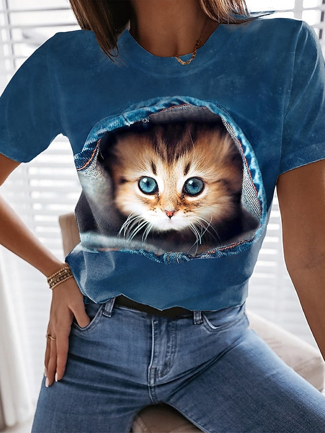 Women's T-shirts 3D Cat Print Round Neck Short Sleeve Pullover Tops