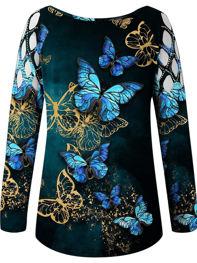 Women's T-shirt Butterfly 3D Printed Painting Cut Out Round Neck Tops