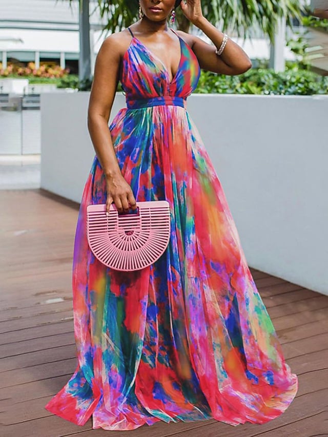 Women's Strap Dress Tie Dye V-Neck Sleeveless Prom Dress Maxi Long Dress