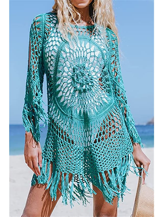 Women's Swimwear Cover Up Hole Tassel Pure Color Beach Dress Swimsuit