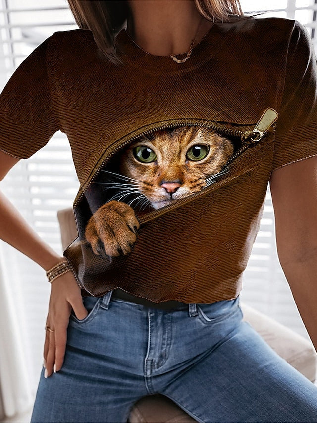 Women's T-shirt 3D Cat Painting Round Neck Short Sleeve Solid ColorTops