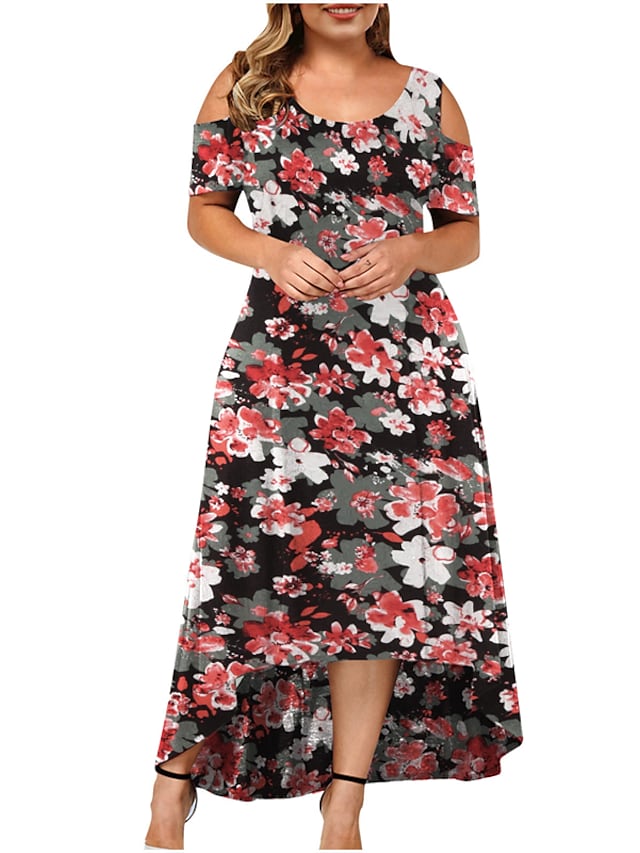 Women's Swing Dress Floral Round Neck Off The Shoulder Short Sleeve Maxi Dress