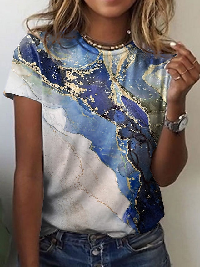 Women's T-shirts Abstract Painting Print Round Neck Pullover Casual Tops