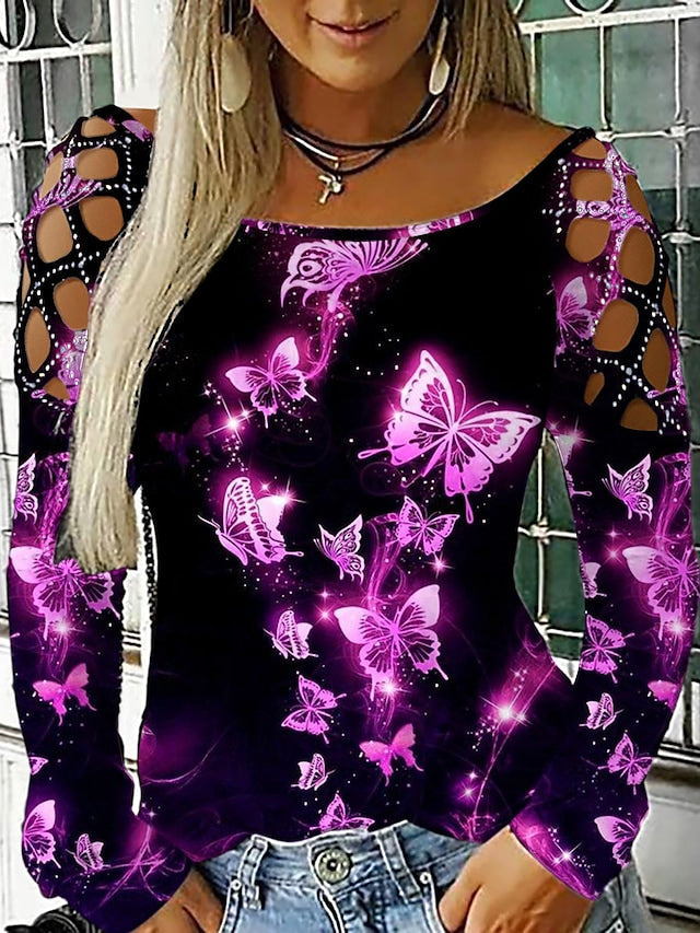 Women's T-shirt Butterfly 3D Printed Painting Cut Out Round Neck Tops