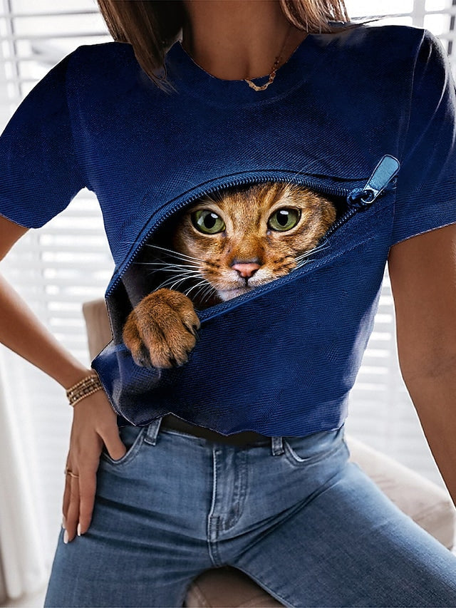 Women's T-shirt 3D Cat Painting Round Neck Short Sleeve Solid ColorTops