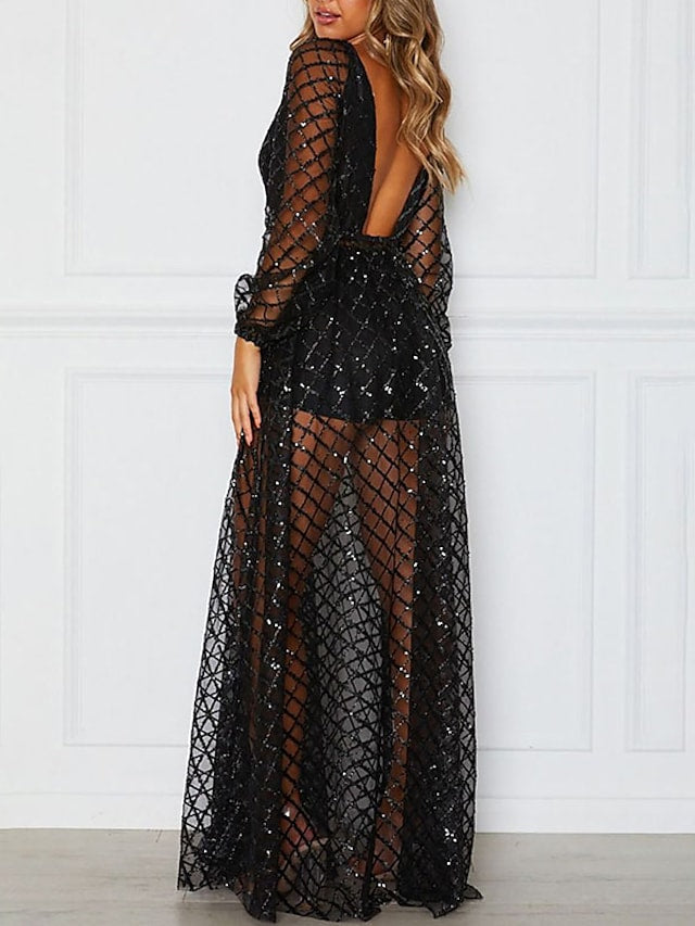 Women's Swing Dress V-neck Long Sleeve Backless Sequins See-through Mesh Casual Dress