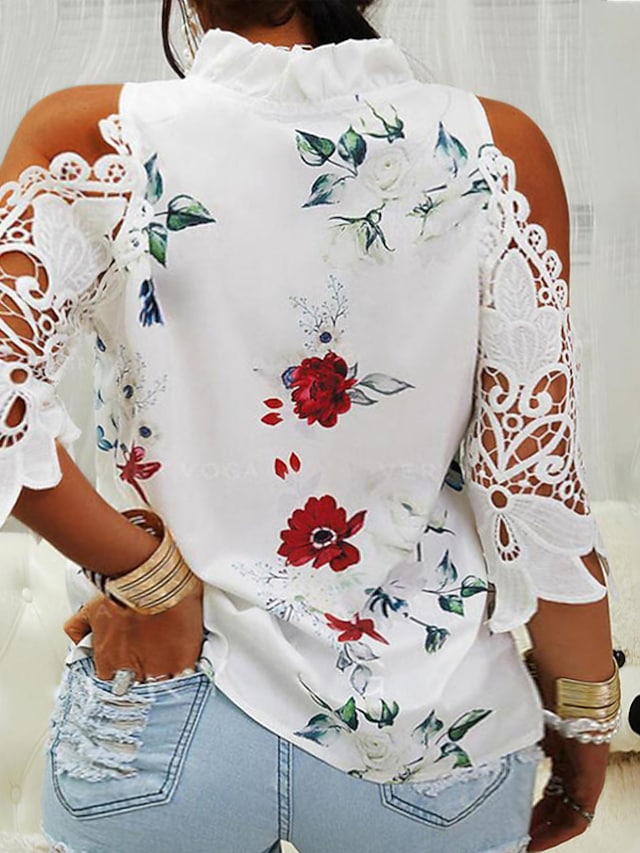 Women's Tops Floral Print 3/4 Length Sleeve V-Neck Off Shoulder Plus Size Tops