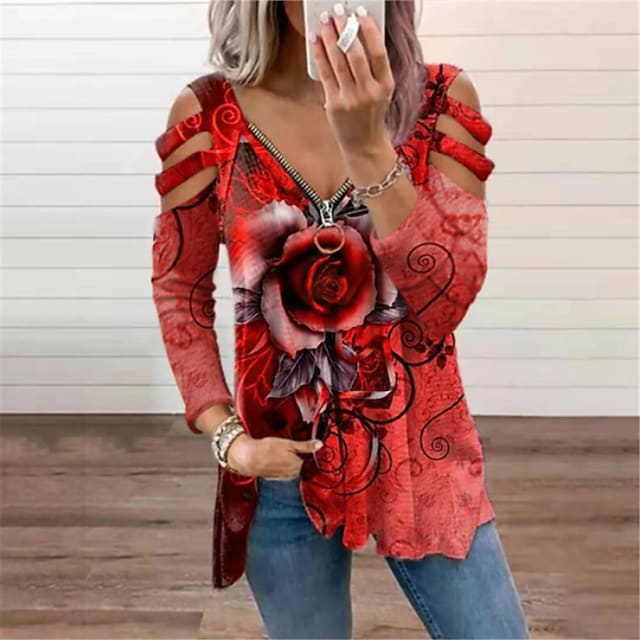 Women's T-shirts V-Neck Zipper Hollow Long Sleeve Flower Print Loose Top