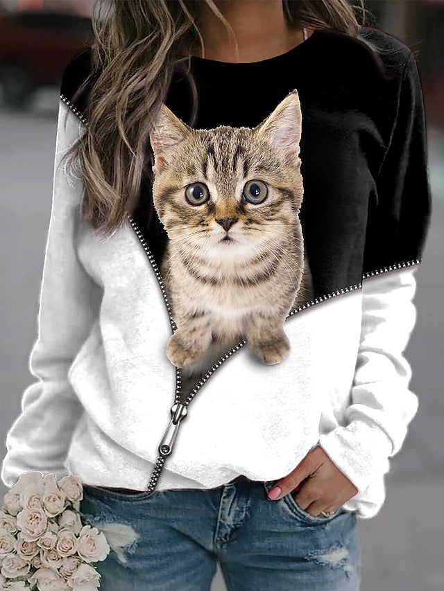 Women's Sweatshirt Cat 3D Print Color Patchwork Casual Streetwear Pullover Hoodies