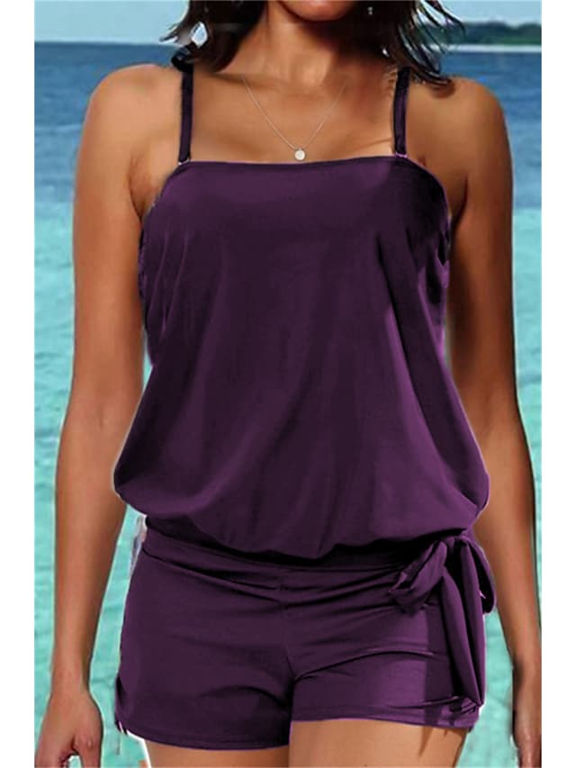 Women's Swimwear High Waist Backless Pure Color Strap Tankini Two Piece Swimsuit