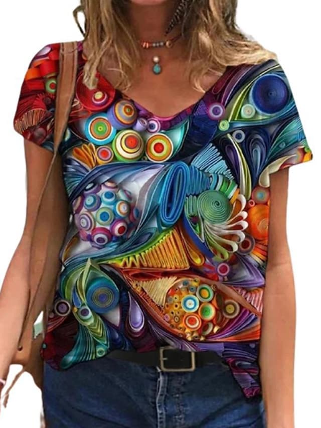 Women's T-shirts Floral Abstract Printed V-neck Short Sleeve Loose Tops